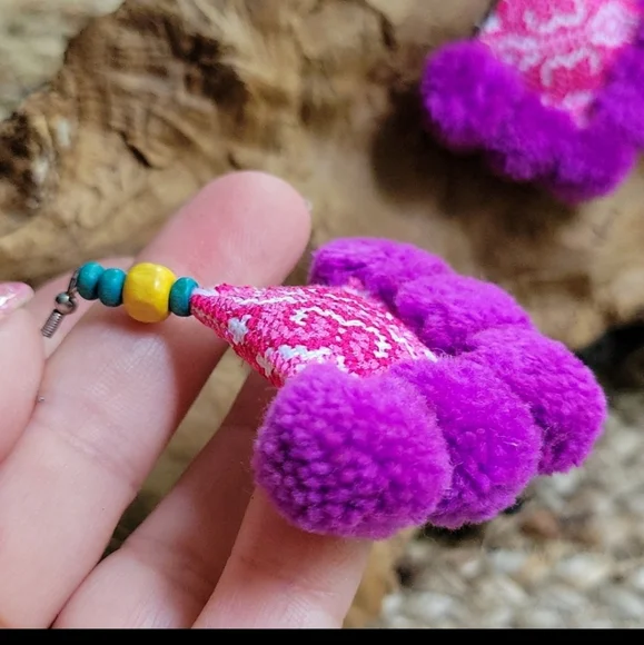 Fair Trade Purple PonPom Earrings, Hmong Tribe Embroidered, Artisan - Picture 3 of 5